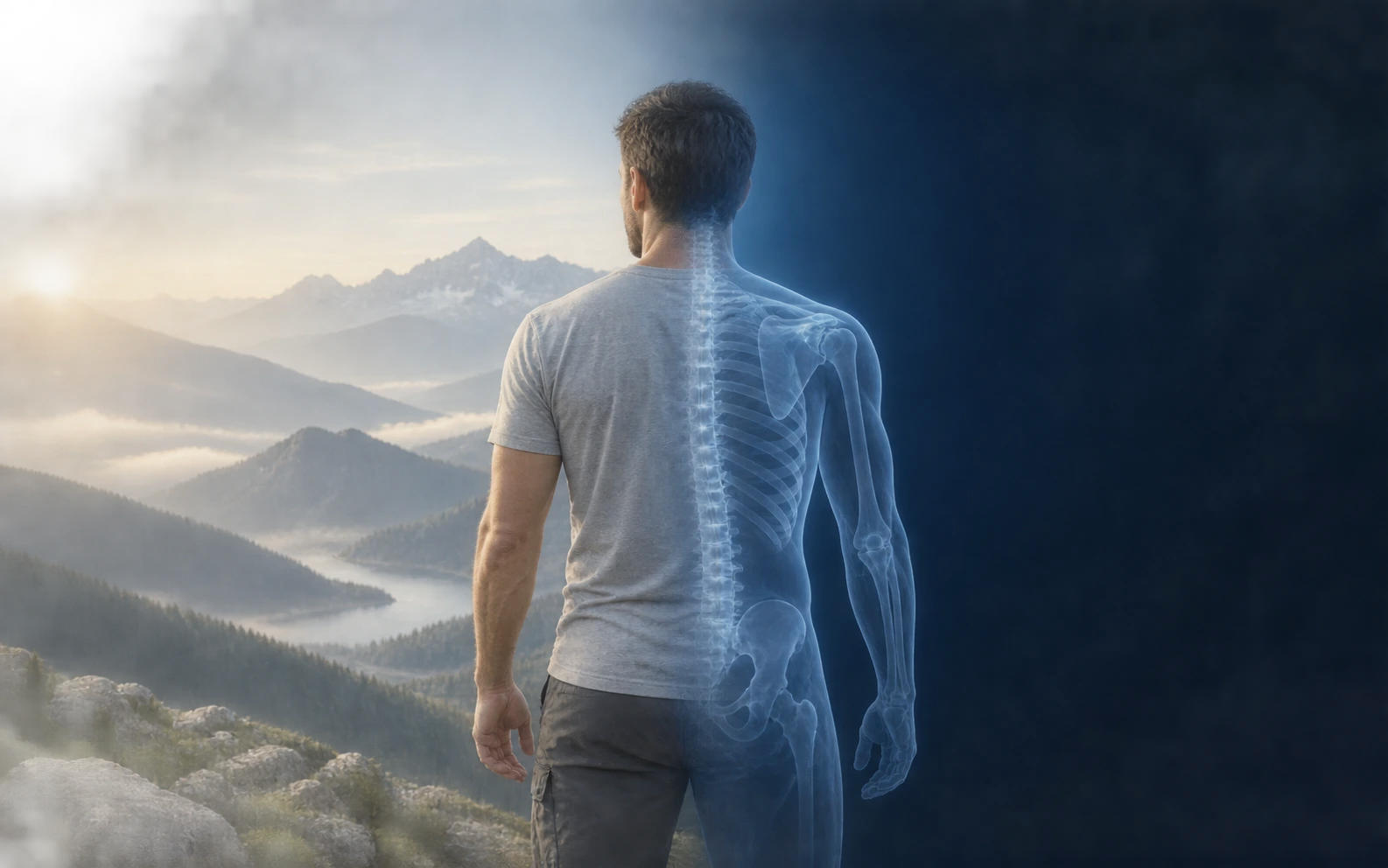 Illustrative person in a mountain landscape, transitioning naturally into a translucent anatomical view on the right.