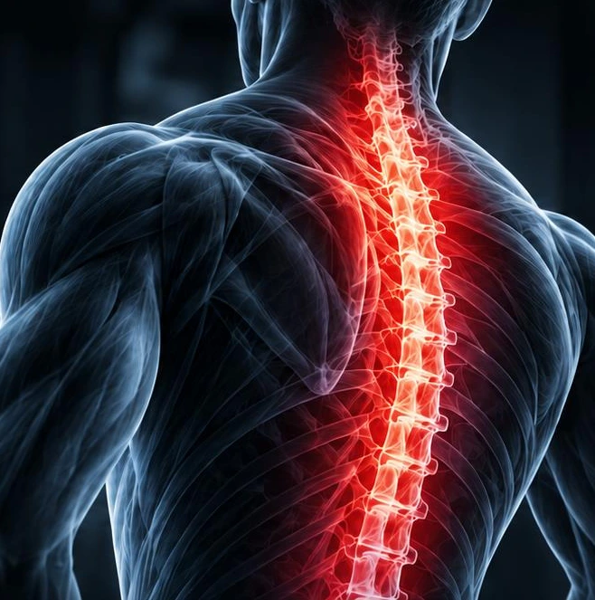 Anatomical illustration of the back with the spine highlighted